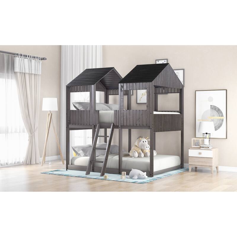 Sturdy Full Over Full Wood Bunk Bed with Playhouse Roof and Guardrails, 400lbs Capacity