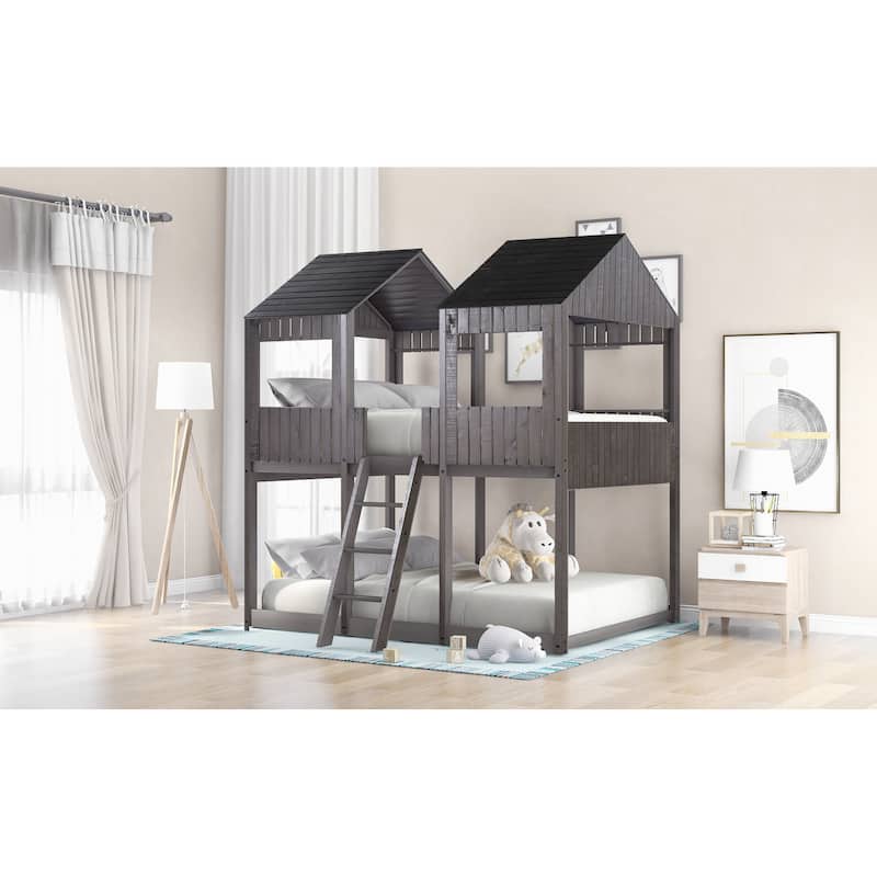 WoodBunk Bed with Roof, Window, Guardrail, Ladder