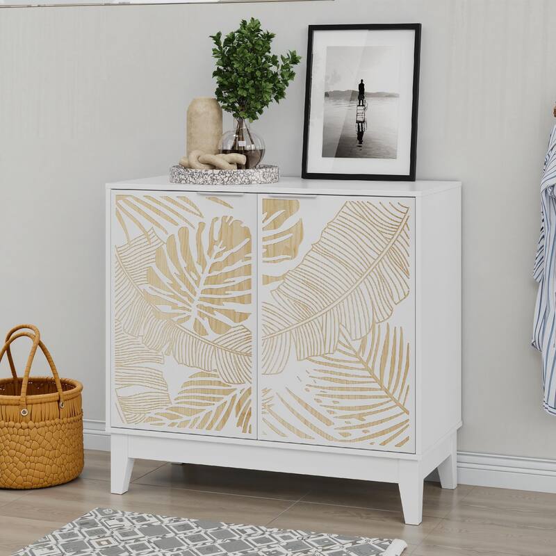 Roomfitters Coastal Storage Cabinet with Tropical Leaf Pattern Doors, Sideboard Buffet Organizer with Wood Accents, White