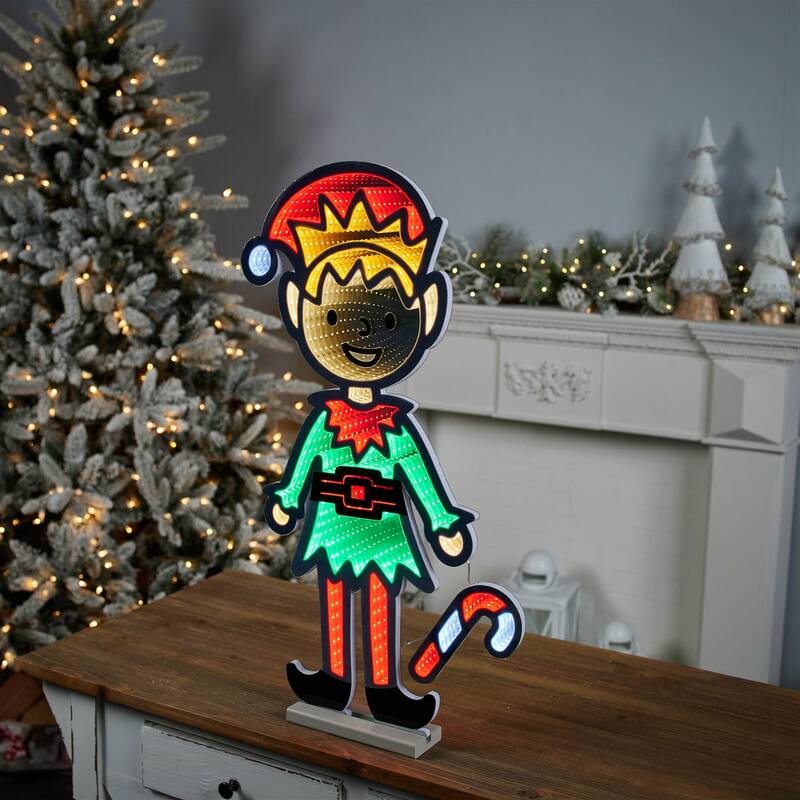 Acrylic Plastic Elf with Candy Cane and Infinity Light Effect - 14.75” x 2.75” x 29” (L x W x H)