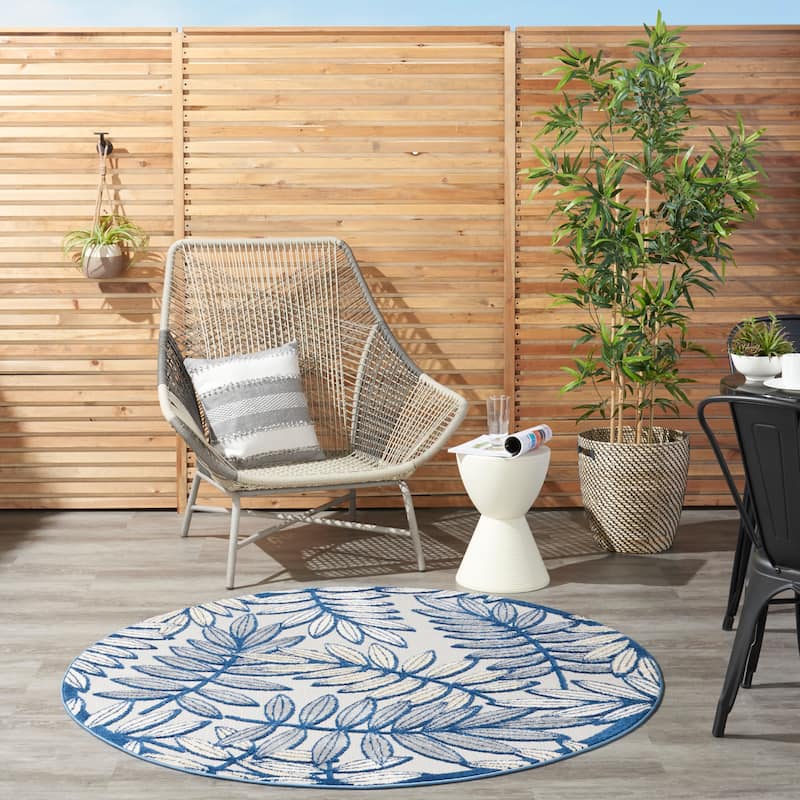 Nourison Aloha Leaf Print Vibrant Indoor/Outdoor Area Rug - 4' Round - Ivory/Navy