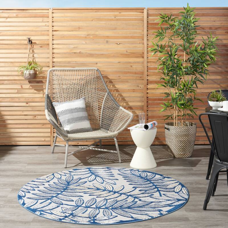 Nourison Aloha Leaf Print Vibrant Indoor/Outdoor Area Rug - 7'10" Round - Blue/Ivory