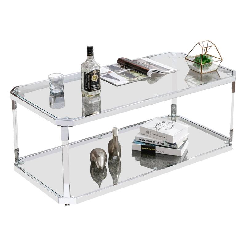 Chrome Coffee Tables Glass Coffee Table with Shelf - Silver