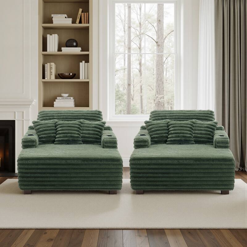 53"W Oversized Plush Fur-Like Chaise Lounge Sofa with Cup Holder