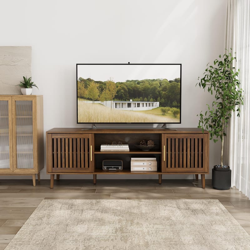 63 inch TV stand with 2 grille door cabinets and adjustable storage rack, Medieval modern TV cabinets with storage space
