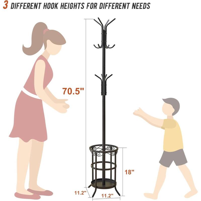 70.5” Tall Metal Entryway Coat Rack Hall Tree with 12 Hooks and Umbrella Stand for Home or Office - 11.2"D x 11.2"W x 70.5"H
