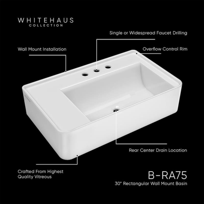 Rectangular Wall Mount Basin with Faucet Drilling Options and Rear Center Drain Location
