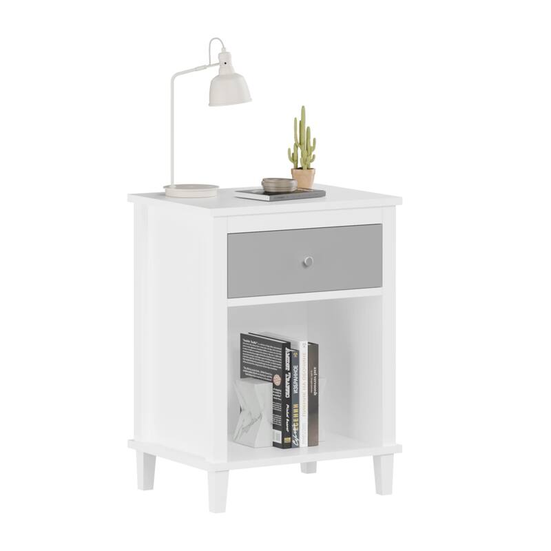 26.77"H Wooden Nightstand with One Drawer One Shelf for Kids, Adults, Gray+Silver Handle
