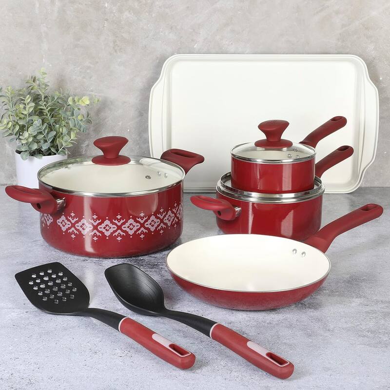 Spice By Tia Mowry 10 Piece Ceramic Nonstick Aluminum Cookware Set in Magenta