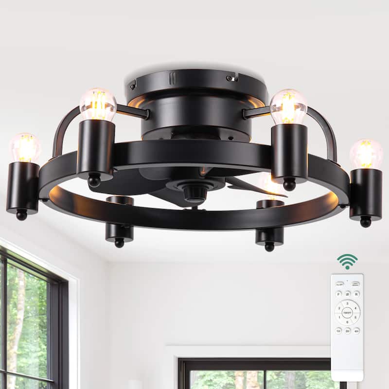 Cusp Barn 20 Inch Black Low Profile Flush Mount Ceiling Fan with Light and Remote, Industrial 6 Speeds DC Motor Ceiling Fan - Black