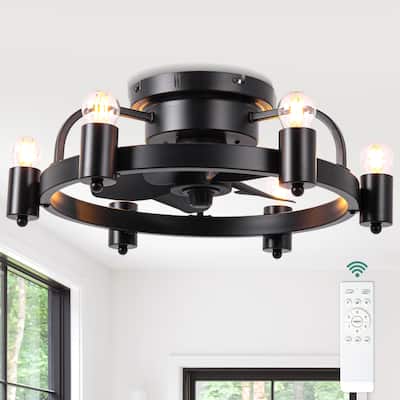 Cusp Barn 20 Inch Black Low Profile Flush Mount Ceiling Fan with Light and Remote, Industrial 6 Speeds DC Motor Ceiling Fan
