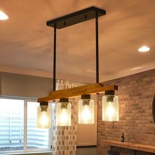 Farmhouse Linear Chandelier Rustic Wood Kitchen Island Lighting Dining Room Pendant Light Fixture with Seeded Glass Shade