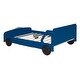 preview thumbnail 8 of 7, Blue Full Size Unique Car Platform Bed with headboard and Safety Rails, Wheel Legs, High-Quality Construction