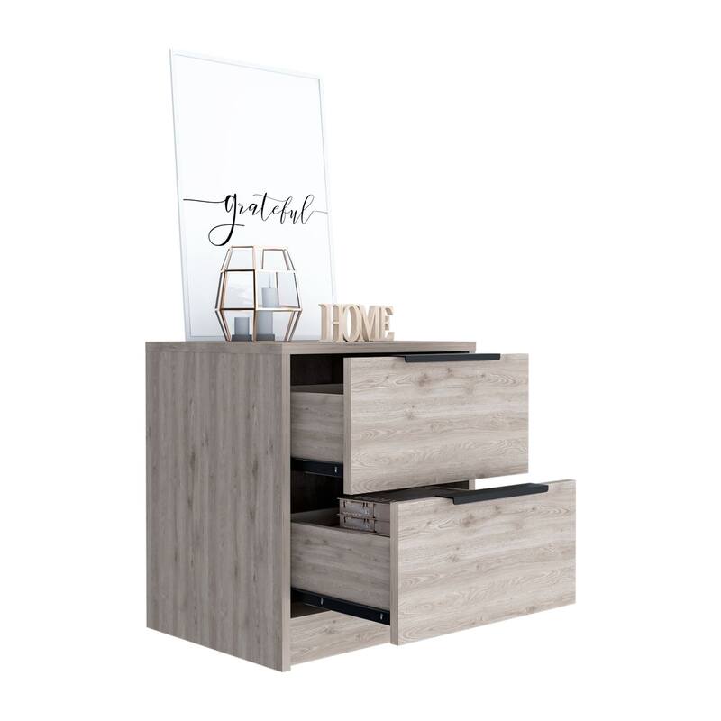Bedroom Nightstand Two Drawers Metal Handle Smokey Oak