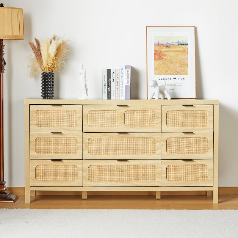 Wooden Rattan Woven 9-Drawer Storage Dresser/Chest of Drawers - Natural
