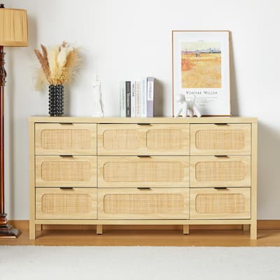 Wooden Rattan Woven 9-Drawer Storage Dresser/Chest of Drawers