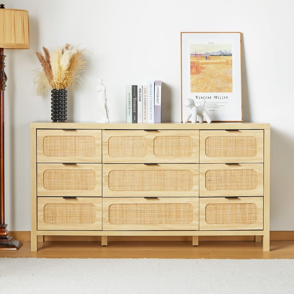 Wooden Rattan Woven 9-Drawer Storage Dresser/Chest of Drawers