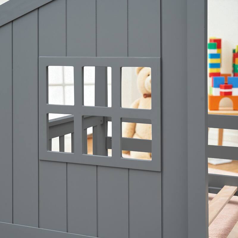 Twin Over Twin House Bunk Bed with Roof and Ladder, Solid Wood Frame, Playhouse Style Kids Bed, No Box Spring Needed