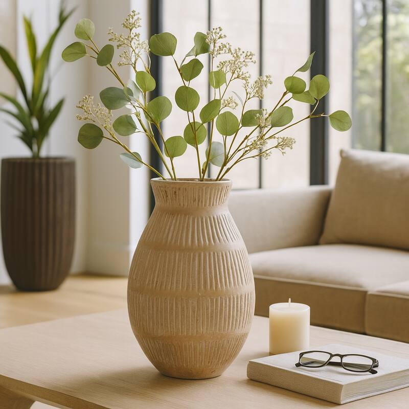 Ceramic Modern Round Flower Vase with Lines - Ivory