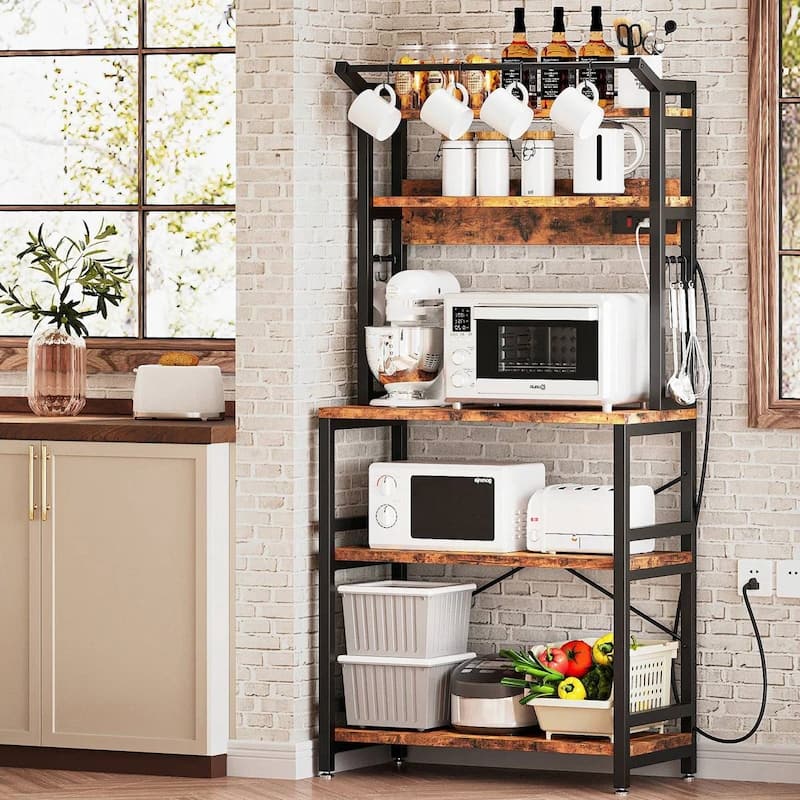 Modern Brown Bakers Rack with 3 Shelves and Microwave Stand for Coffee Bar or Kitchen Storage - 67'' H x 31'' W x 15.7'' D