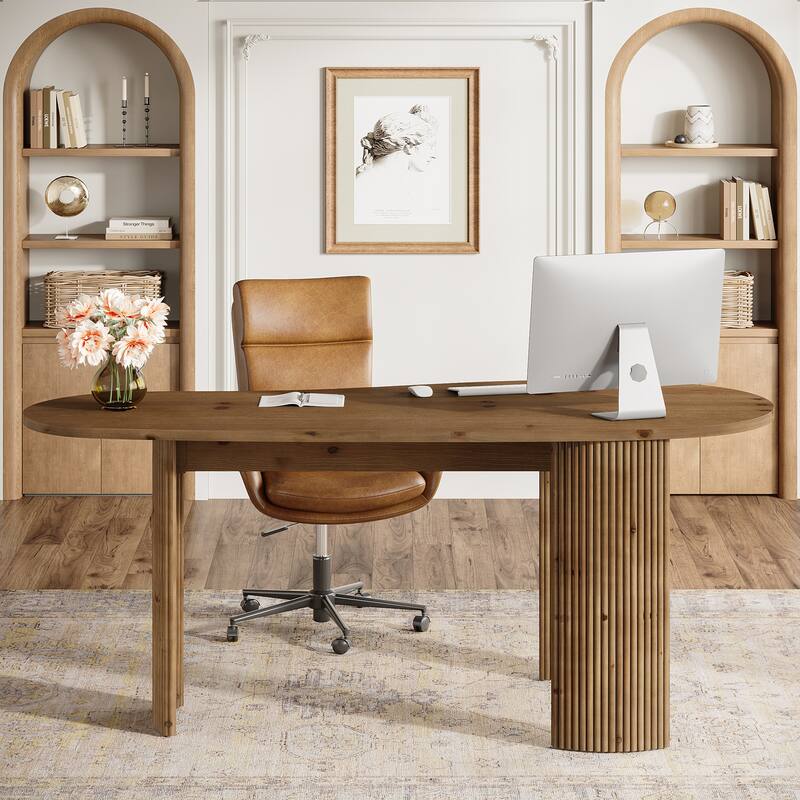 Modern Solid Wood Computer Desk, Curved Small Executive Desk with Fluted Wooden Legs