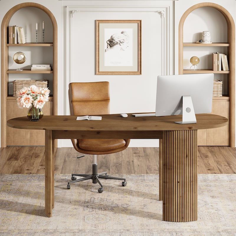 Solid Wood Executive Desk, Curved Small Computer Desk with Sturdy Fluted Legs