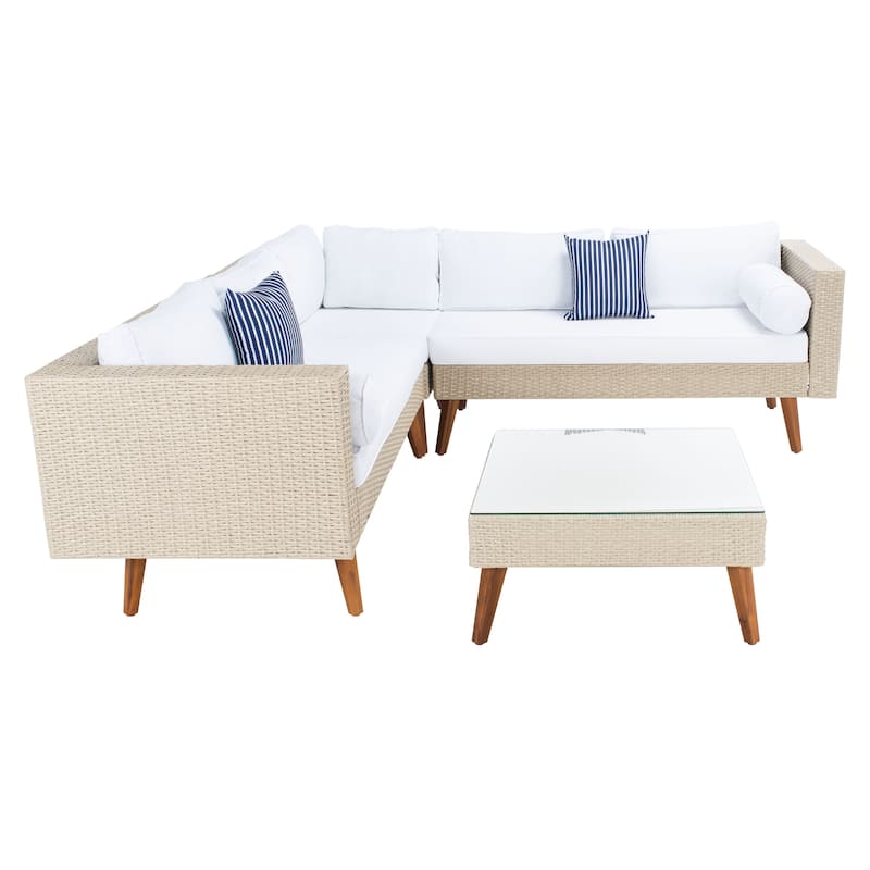 SAFAVIEH Outdoor Ulyana Outdoor Sectional Set - 54W x 26D x 28H - Beige/White Cushion