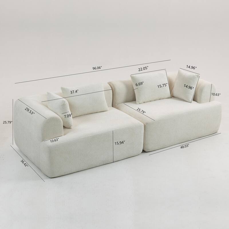 96" Full-Foam Modular Boucle Sectional Sofa, 2-Piece Low-Profile Couch with Rounded Arms