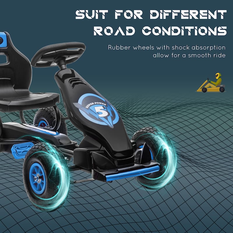 Adjustable Kids Pedal Go-Kart with Rubber Wheels and Handbrake - Blue