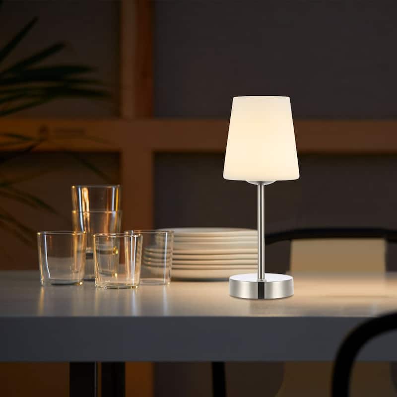 Eli 12.75" Modern Minimalist Iron Wireless Rechargeable Integrated LED Table Lamp, Nickel/White by JONATHAN Y