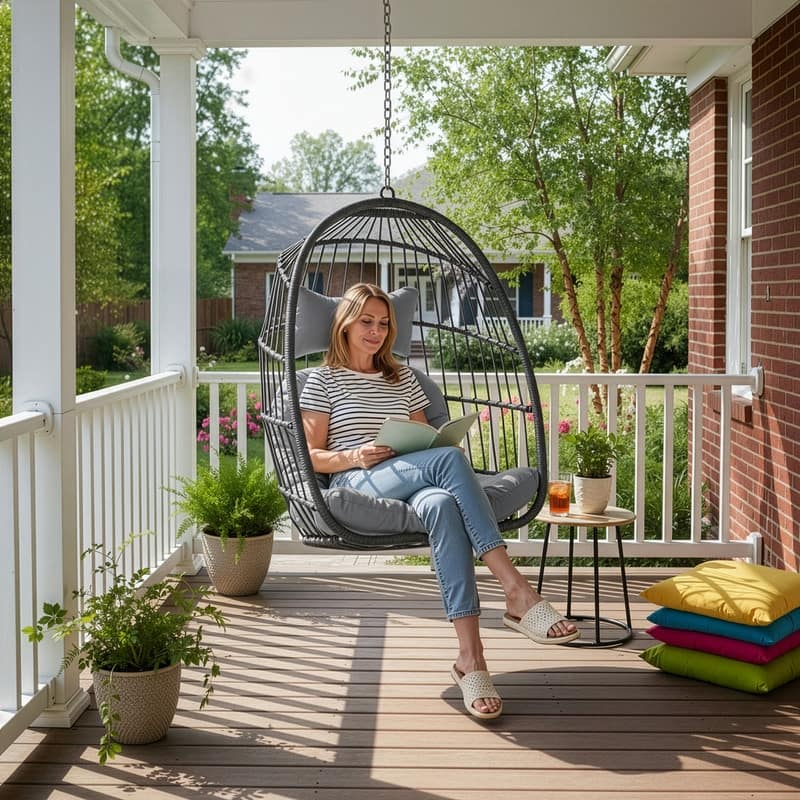 Outdoor Indoor Wicker Foldable Hanging Egg Chair Without Stand, Patio Swing Chair with Cushion, 350 lb Capacity