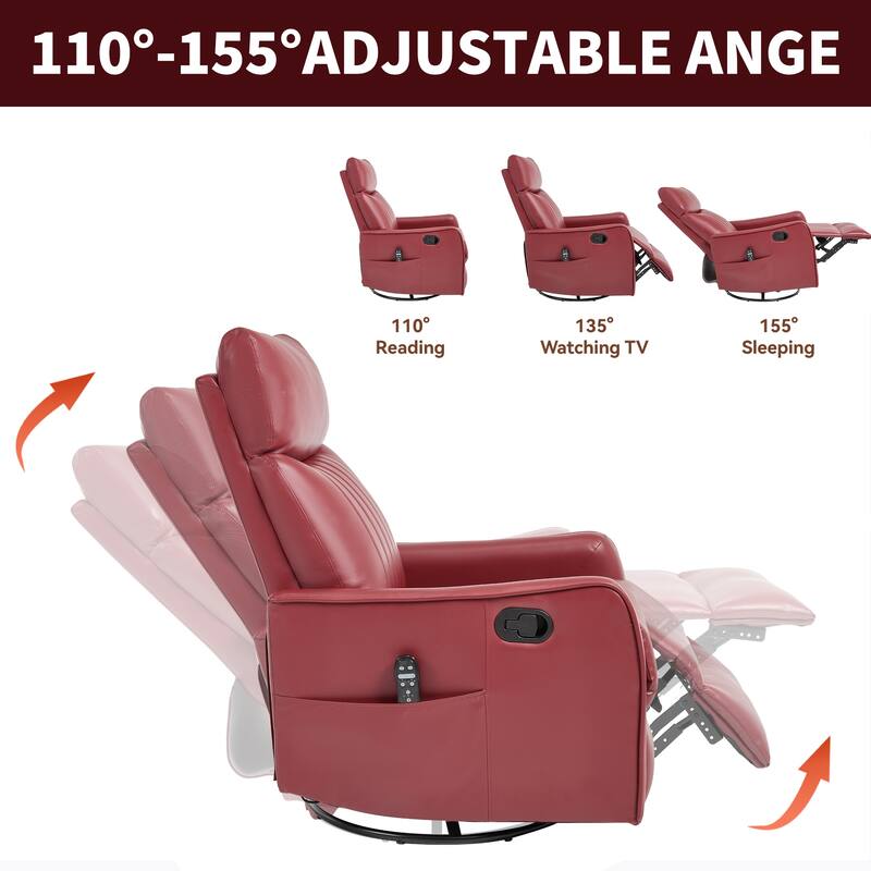 Leather Heat Massage Manual Recliner Chair with Rocker and Swivel in Fabric for Living Room