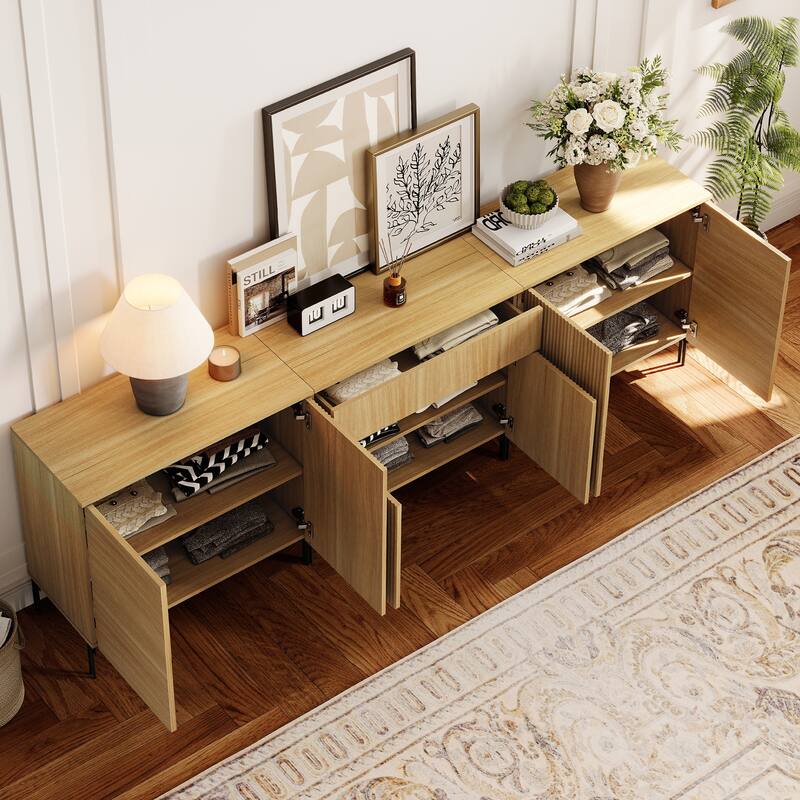 94.5" Modern Reeded 6-Door Sideboard With Drawers, 3-In-1 Wooden Credenza