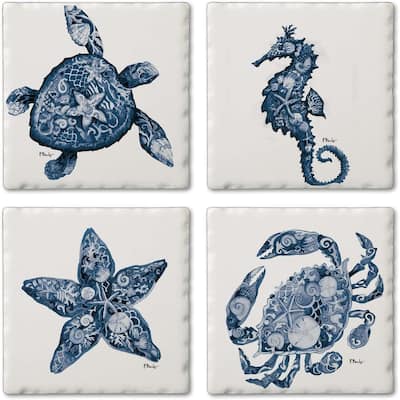 CounterArt Nassau Sea Life Multi-Image Absorbent Stone Coasters with Protective Cork Backing, 4 Pack, Made in The USA