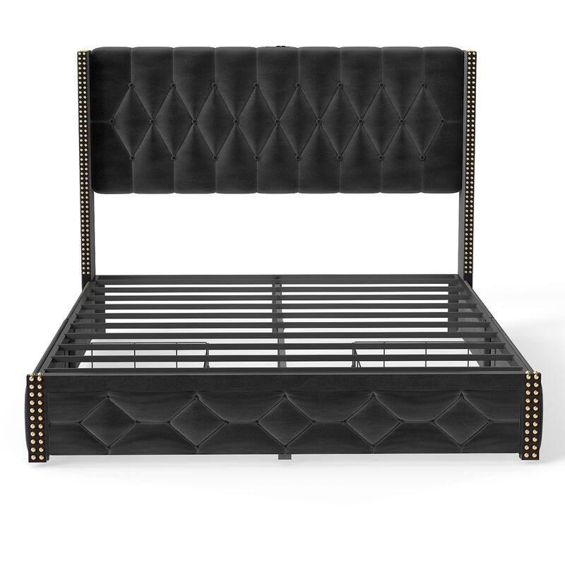 Queen Size Platform Bed Frame with Velvet Headboard, Storage Drawers, and Charging Station