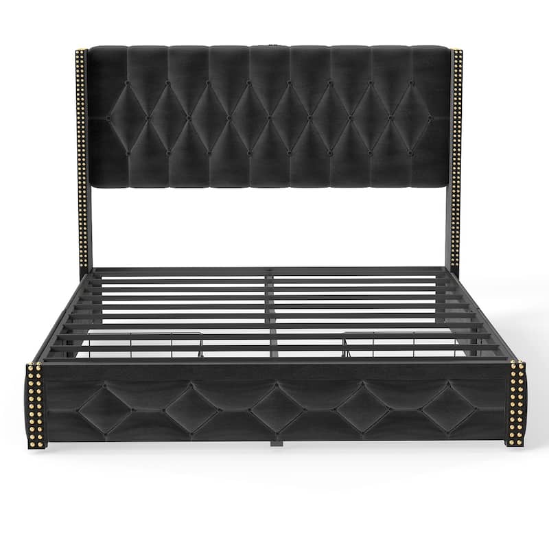 Wingback Bed Velvet Upholstered Platform Bed Frame with 2 Storage Drawers and Headboard, Charging Station, Noise-Free, Black