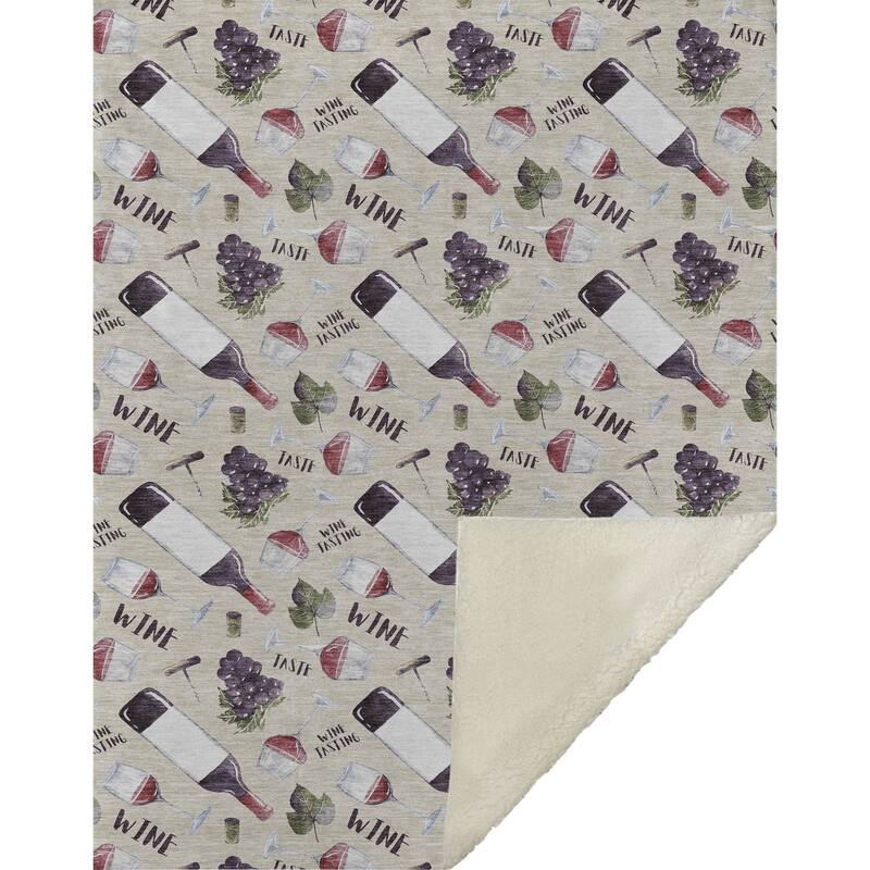 HomeRoots 50" X 70" Ivory Purple And Green Wine Tasting Microfiber Plush Throw Blanket