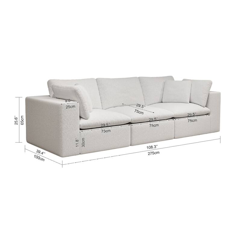 Roomfitters 108.3" Modular Sectional Sofa, 3-Piece Compressed Cloud Couch, No Assembly Required, Plush Corduroy, White