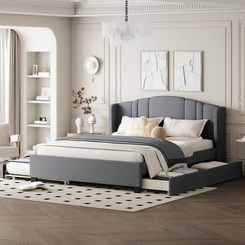 Upholstered Platform Bed with Wingback Headboard
