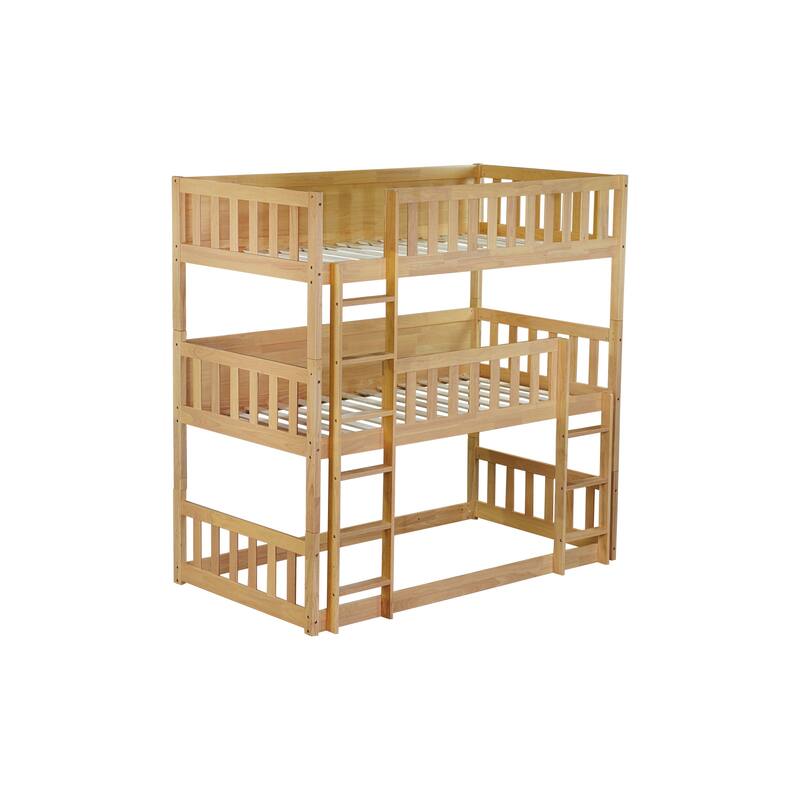 Roomfitters Twin Triple Bunk Bed, Rubber Wood Detachable Design with Ladders and Guardrails, Twin over Twin over Twin