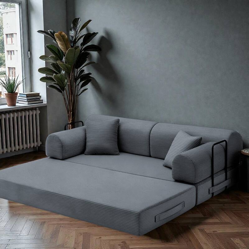 Convertible Sleeper Sofa Bed, 4-in-1 Corduroy Folding Floor Couch with Cylindrical Pillow, 2-Seat Space-Saving Lounge Sofa