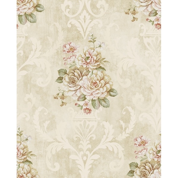 slide 2 of 6, Seabrook Designs Eryn Floral Damask Unpasted Wallpaper 20.5 in. W x 33 ft. L - Metallic Tan & Petal Pink