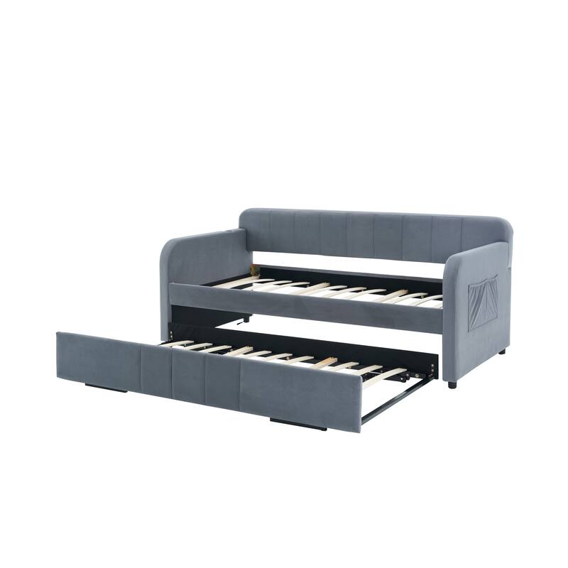 Twin Size Velvet Upholstered Daybed, Wood Sofa Bed Frame Daybed Couch with Trundle Bed and Wood Slat
