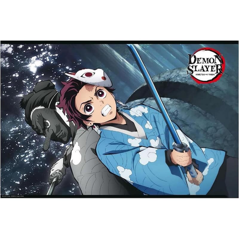 Demon Slayer Tanjiro and Urukodaki Blue Sword Art Poster - 36 x 24 Inch