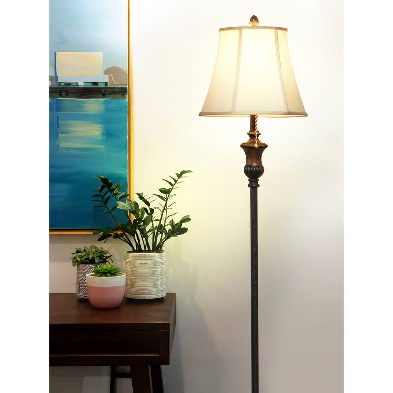 Brightech Sophia 63 in. Distressed Bronze Traditional LED Super Bright Floor Lamp with Beige Fabric Empire Shade