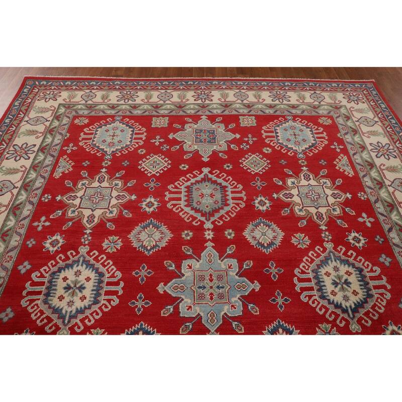 Traditional Red Geometric Kazak Oriental Area Rug Handmade Wool Carpet - 8'1" x 10'0"