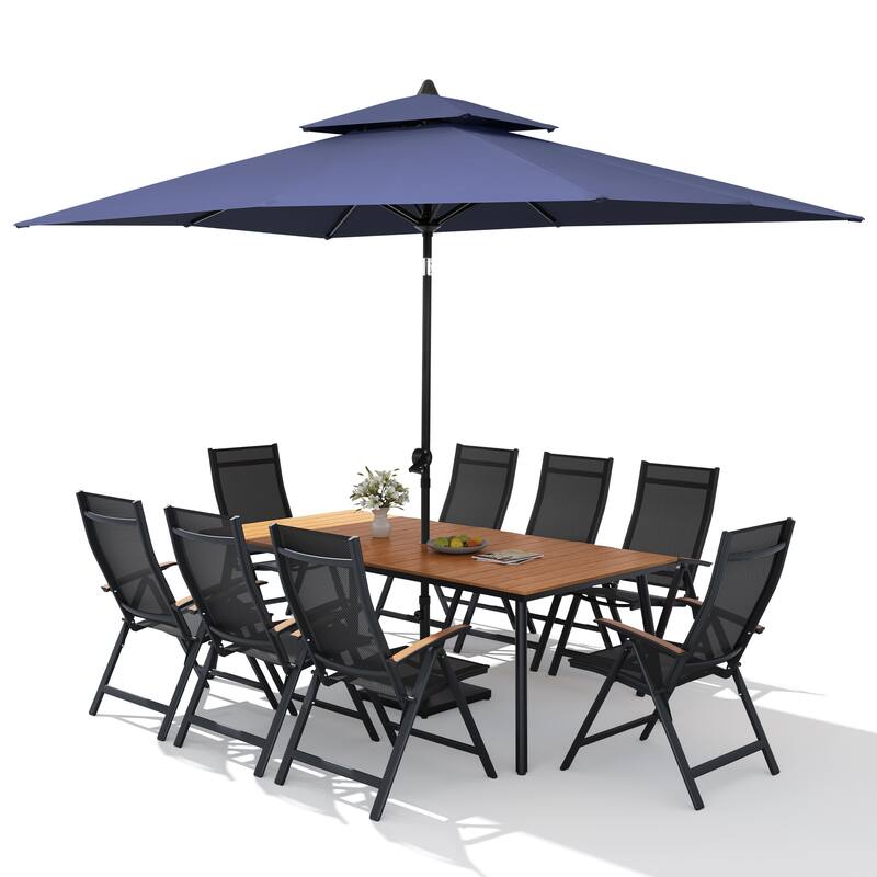 11PC Outdoor Patio Dining Set Wood-Like Aluminum Umbrella Hole Table with Folding Chairs,Double Top Market Umbrella and Base