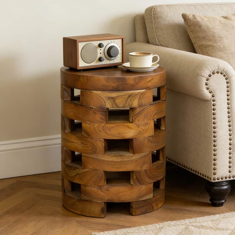 Handcrafted Brown Open Teak Wood Coffee Table Accent Side Table End Table - Small - Natural