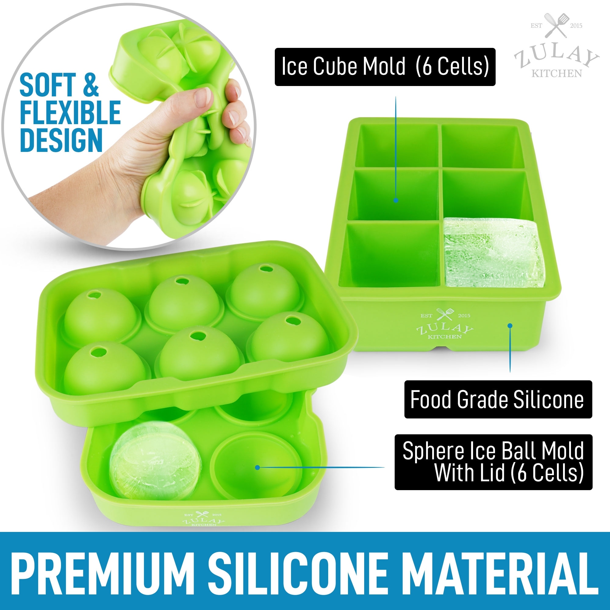 Zulay Kitchen Silicone Square Ice Cube Mold and Ice Ball Mold (Set