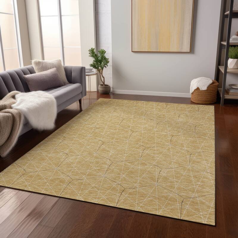 Machine Washable Indoor/ Outdoor Mosaic Geo Chantille Rug - Gold - 10' x 14'